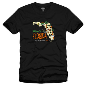 Strangelove Skateboards Welcome to Florida graphic t-shirt by Sean Cliver celebrating Tampa Pro 2024, in color black
