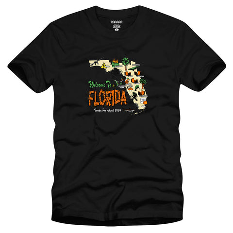 Strangelove Skateboards Welcome to Florida graphic t-shirt by Sean Cliver celebrating Tampa Pro 2024, in color black