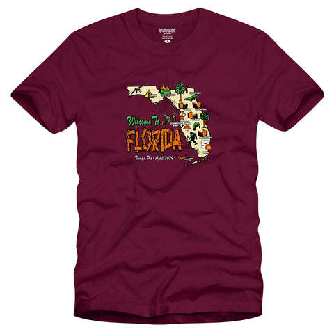 Strangelove Skateboards Welcome to Florida graphic t-shirt by Sean Cliver celebrating Tampa Pro 2024, in color maroon