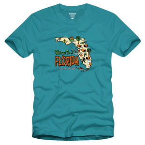 Strangelove Skateboards Welcome to Florida graphic t-shirt by Sean Cliver celebrating Tampa Pro 2024, in color turquoise