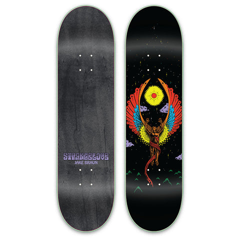 Jake Braun pro board for StrangeLove Skateboards featuring an Icarus graphic by Todd Bratrud.