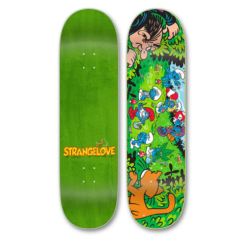 Strangelove Skateboards Blue Moon 9.0 screened board by Todd Bratrud featuring an idyllic cartoon outdoor scene