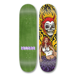 Strangelove Skateboards Indica Princess 8.5 screened board by Todd Bratrud featuring devil skull and purple weed