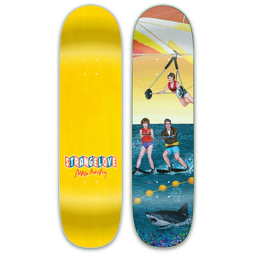 Max Murphy pro board for StrangeLove Skateboards featuring the Fonz, Laverne, and Shirley skiing and hand gliding. Artwork by Chris Reed.