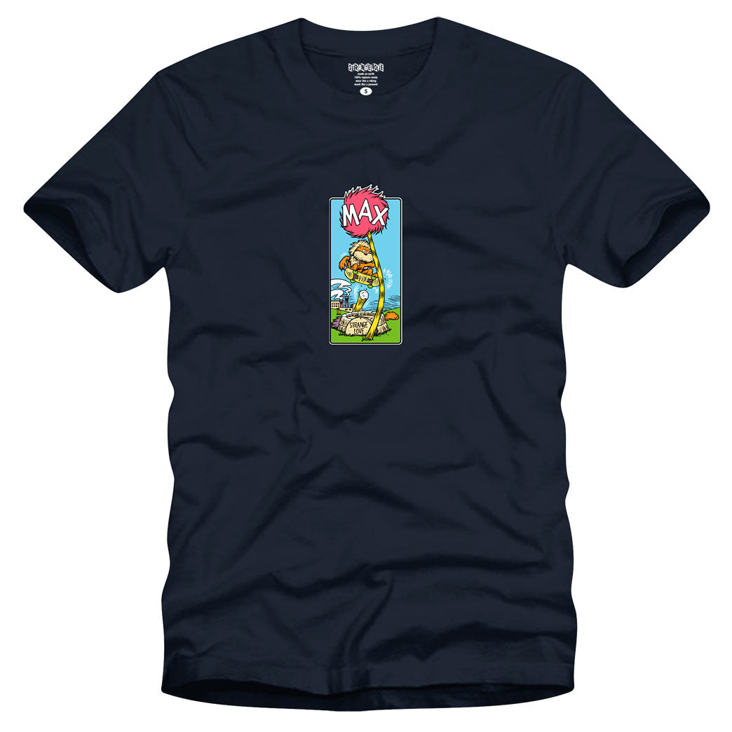 StrangeLove Skateboard Max Murphy Tree t-shirt, featuring pink tree on navy tee. Graphic by Sean Cliver.