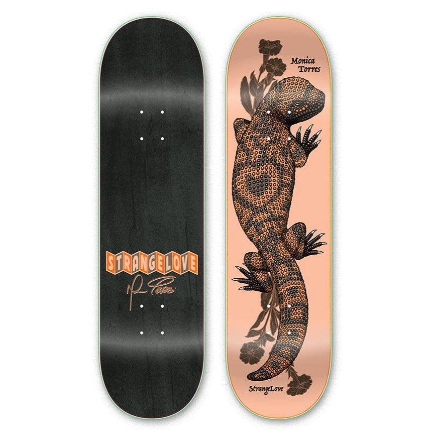 Monica Torres pro model for StrangeLove Skateboards, gila monster graphic by Sean Cliver.