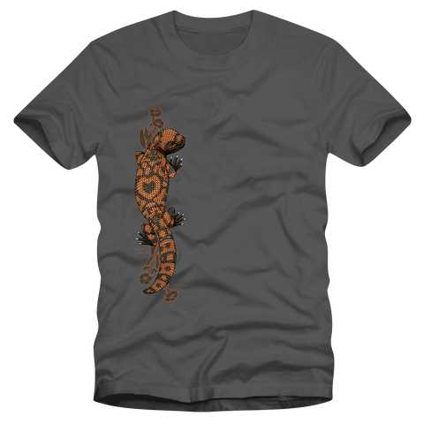 StrangeLove Skateboards Monica Torres graphic t-shirt in charcoal featuring a gila monster graphic by Sean Cliver.