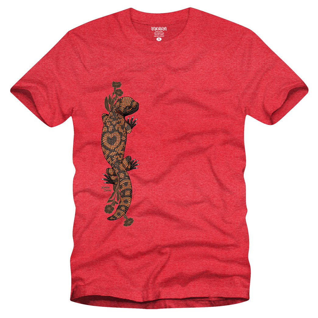 StrangeLove Skateboards Monica Torres graphic t-shirt in heather red featuring a gila monster graphic by Sean Cliver.