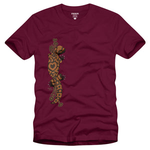 StrangeLove Skateboards Monica Torres graphic t-shirt in maroon featuring a gila monster graphic by Sean Cliver.