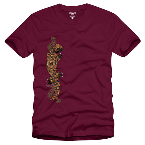 StrangeLove Skateboards Monica Torres graphic t-shirt in maroon featuring a gila monster graphic by Sean Cliver.