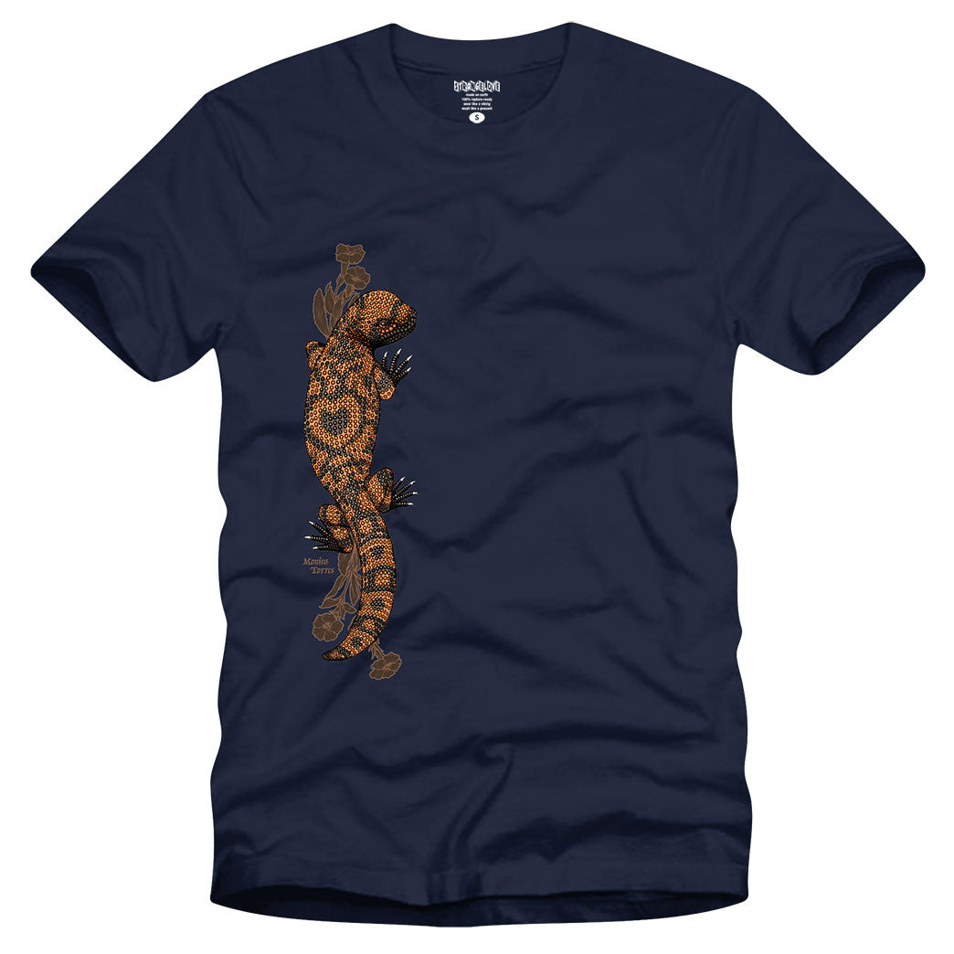 StrangeLove Skateboards Monica Torres graphic t-shirt in navy featuring a gila monster graphic by Sean Cliver.