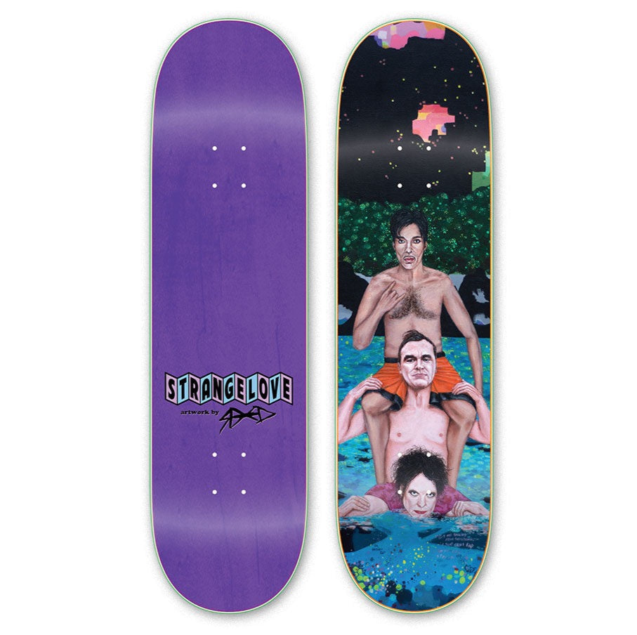 StrangeLove Skateboards Chicken Fight Deck depicting Prince, Morrissey, and Robert Smith in a swimming pool by the artist Chris Reed.