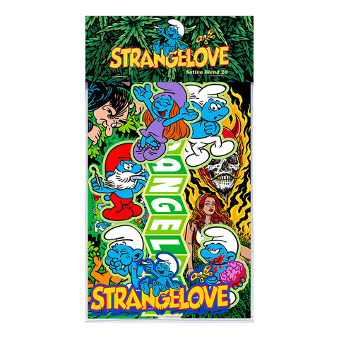 StrangeLove Skateboards sticker pack #20, Sativa Blend. Featuring the artwork of Todd Bratrud.