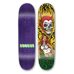 Strangelove Skateboards Sativa Princess 8.25 screened board by Todd Bratrud featuring devil skull and green weed
