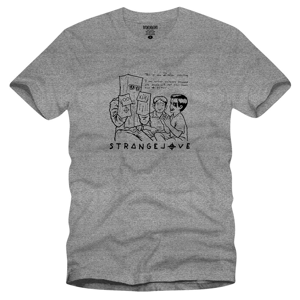 Serial Party 1 Zodiac Killer graphic for Strangelove Skateboards. Artwork by Sean Cliver. Graphite Heather T-shirt.